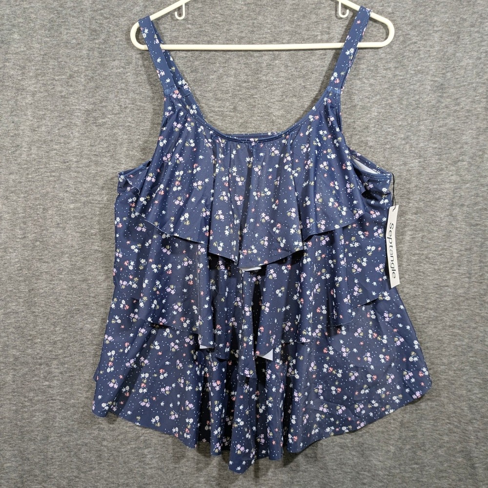 Septangle‎ Tankini Top Navy Blue Flowers Ruffled Front Built in Bra Size 20W
